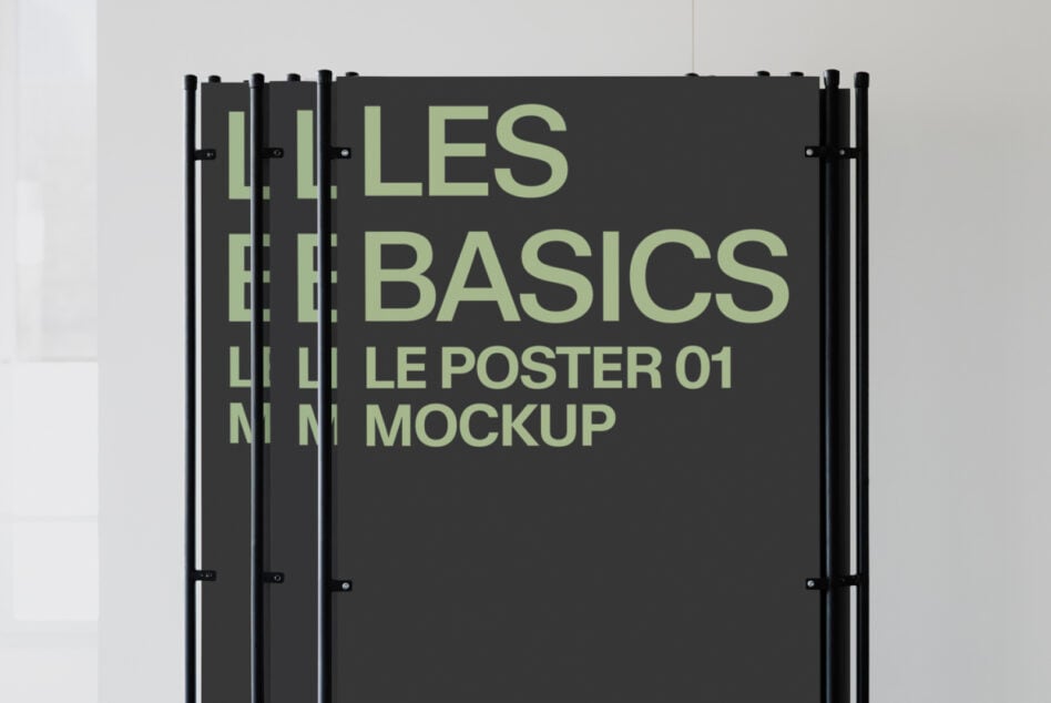 Stacked dark posters with lime green text reading Les Basics Le Poster 01 Mockup