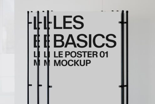 Stacked light posters with black text reading Les Basics Le Poster 01 Mockup