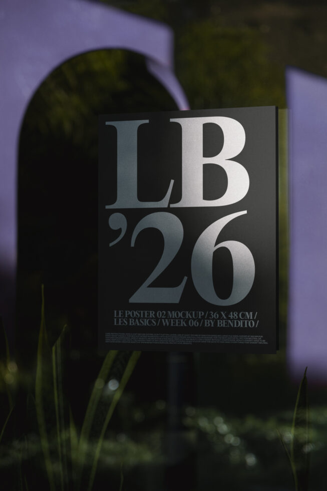 Dark poster mockup with LB'26 in gradient metallic lettering, plants in background
