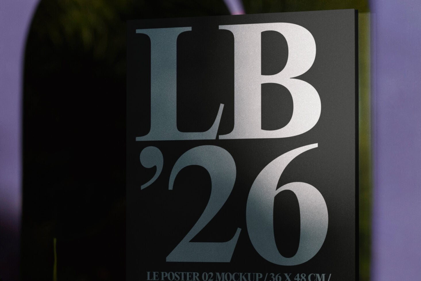 Dark poster mockup with LB'20 in gradient metallic lettering, moody lighting