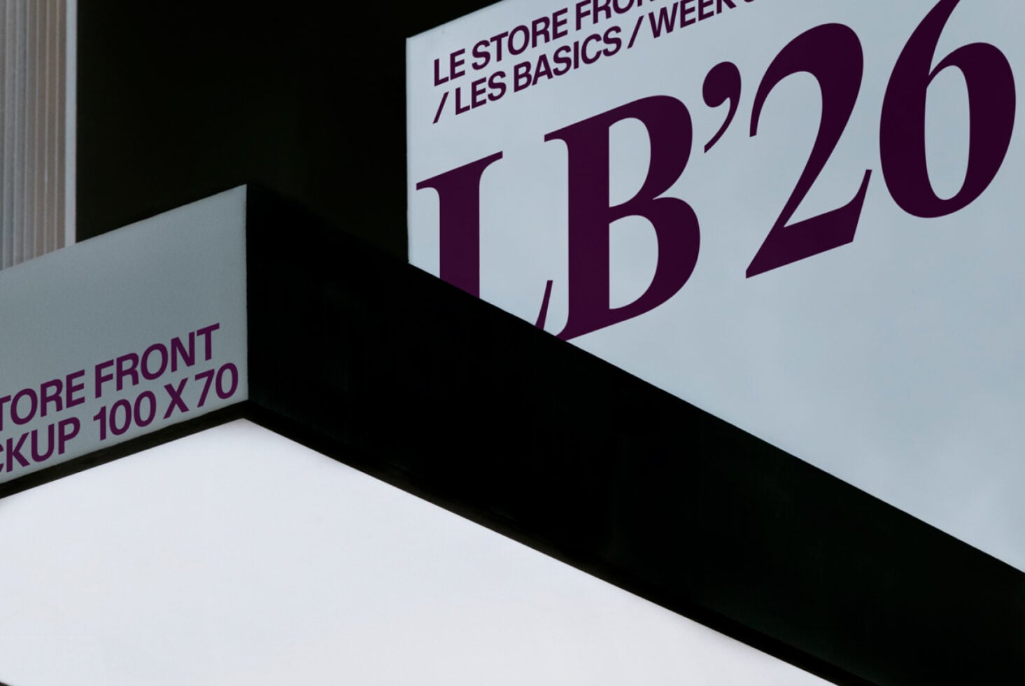 Store front signage mockup with burgundy LB'20 typography on light background