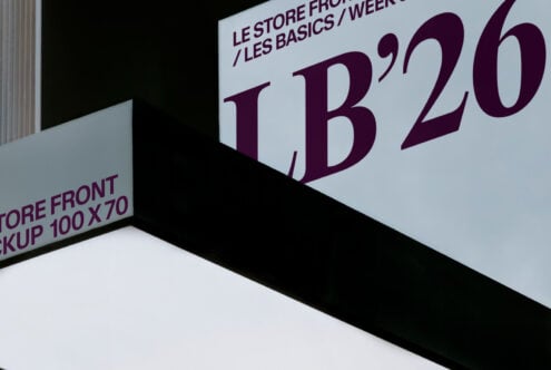 Store front signage mockup with burgundy LB'20 typography on light background