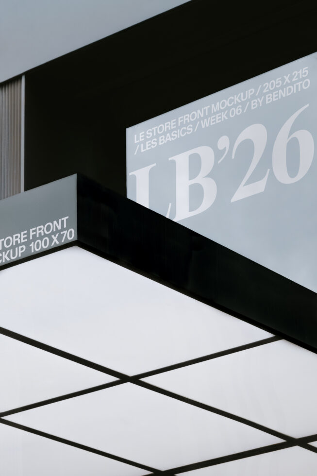 Store front mockup banner angled view with light LB'20 text