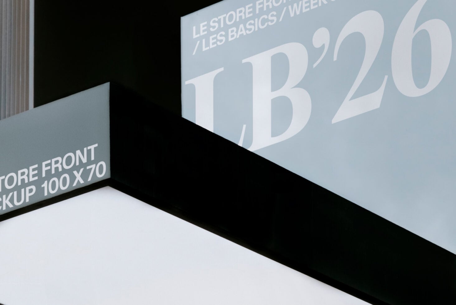 Store front signage mockup with white LB'20 typography on light background
