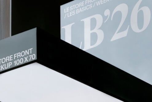 Store front signage mockup with white LB'20 typography on light background