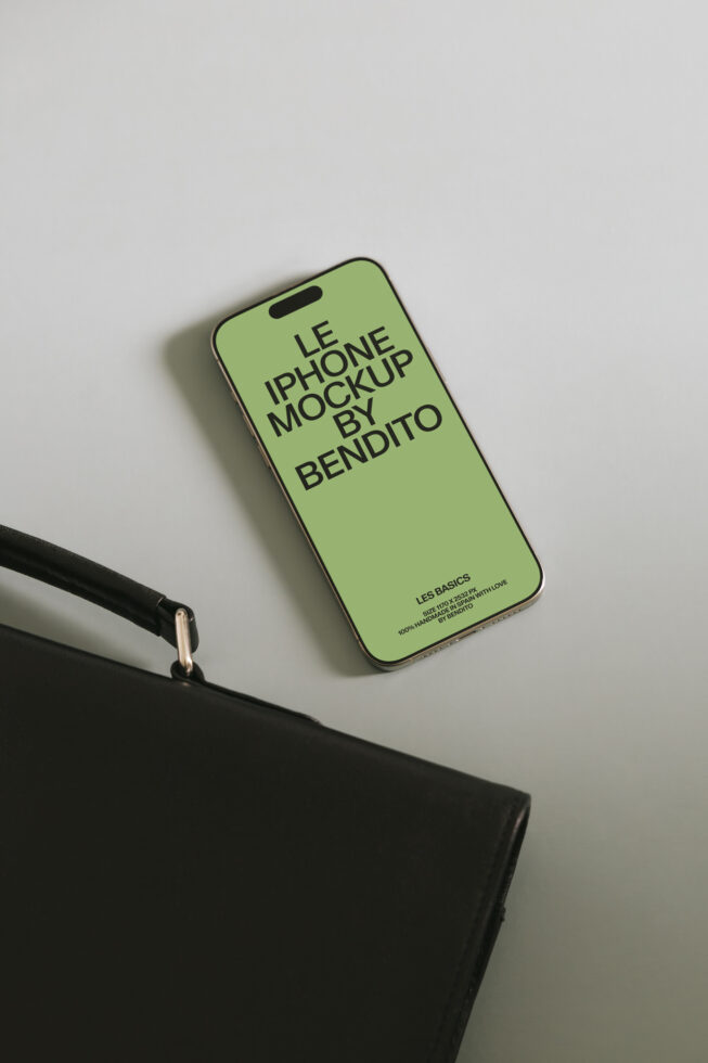 Bright lime green iPhone mockup showing centered text layout next to black leather clutch