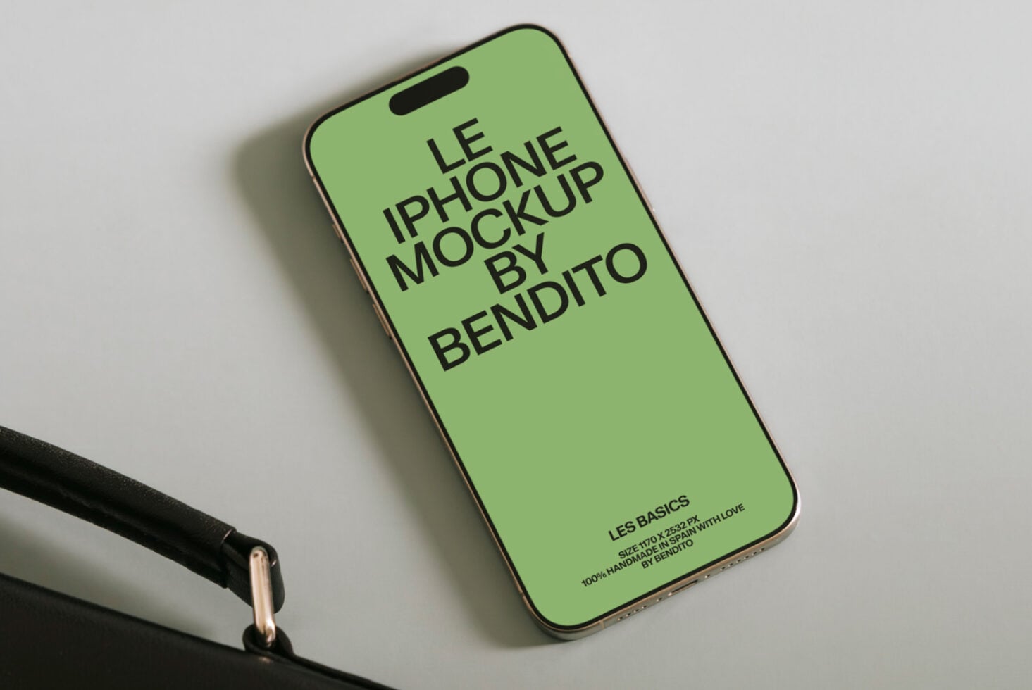 Lime green phone mockup with readable product details displayed at bottom corner view