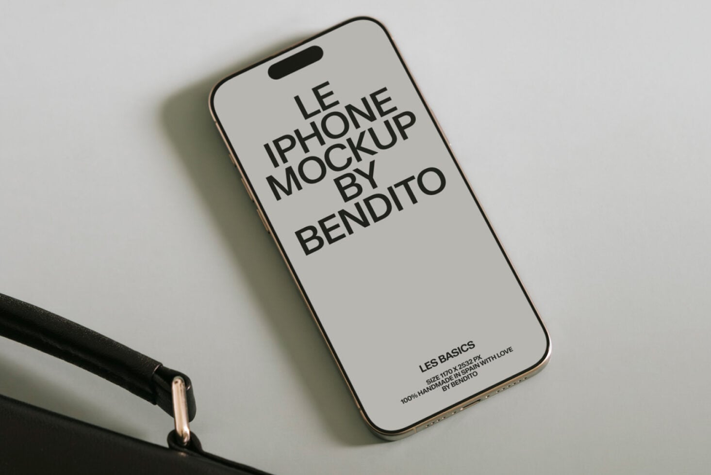 Beige phone mockup showing minimalist design with small text footer visible below main content