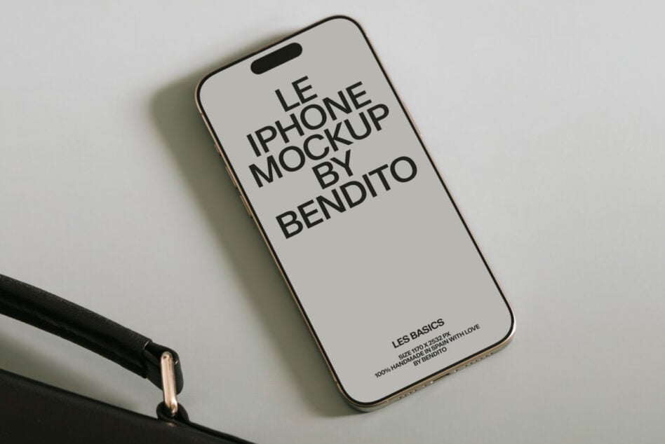 Beige phone mockup showing minimalist design with small text footer visible below main content
