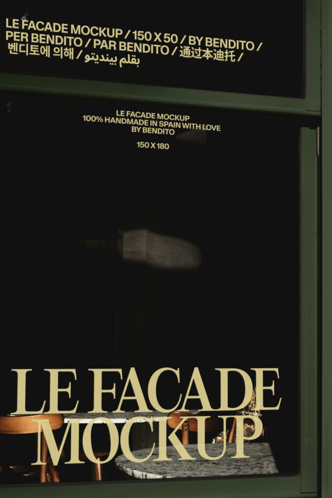 Storefront window mockup with sage green frame displaying multilingual text overlay