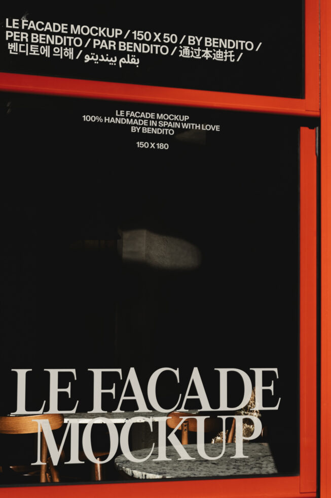 Storefront window mockup with bright red frame displaying multilingual text overlay