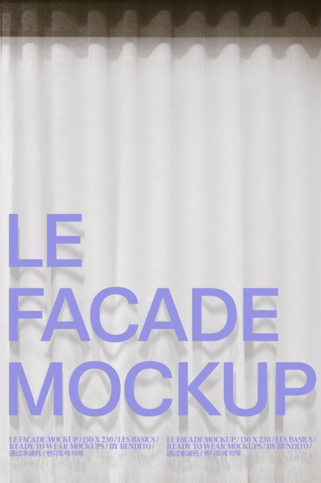 Purple text on sheer fabric facade mockup with gathered texture
