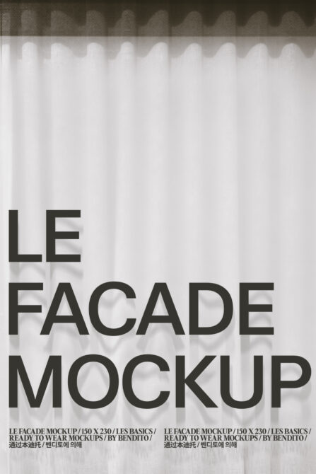 Black text on sheer fabric facade mockup showing draped material detail