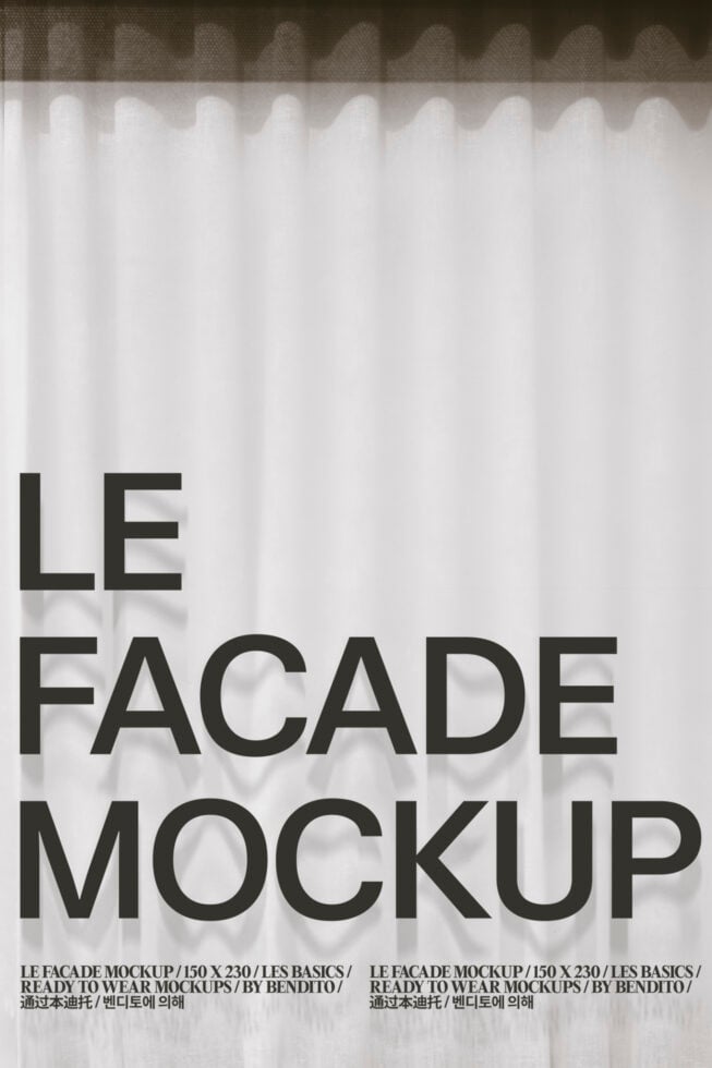 Black text on sheer fabric facade mockup showing draped material detail