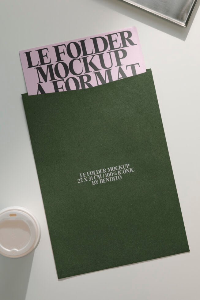 Green folder mockup with pink insert sheet showing large serif text