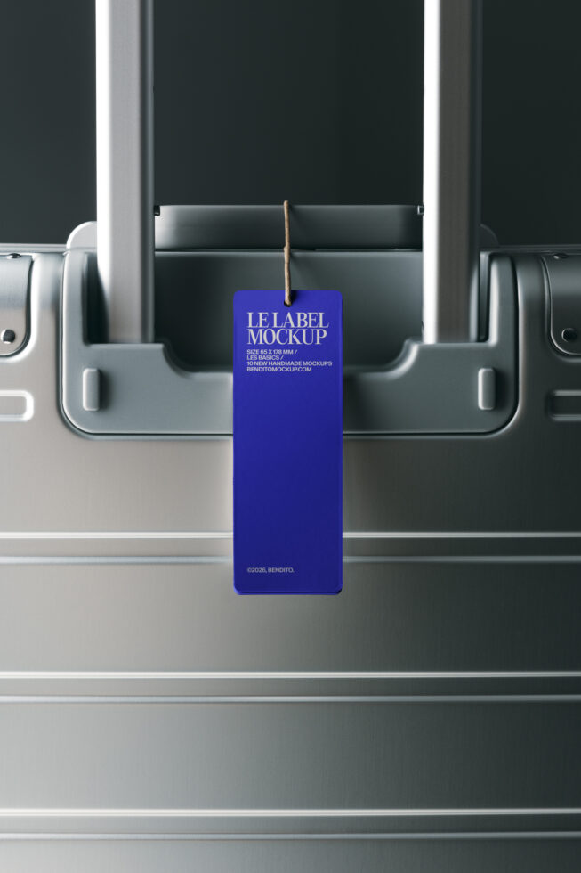 Blue hang tag label mockup hanging from rope in studio setting