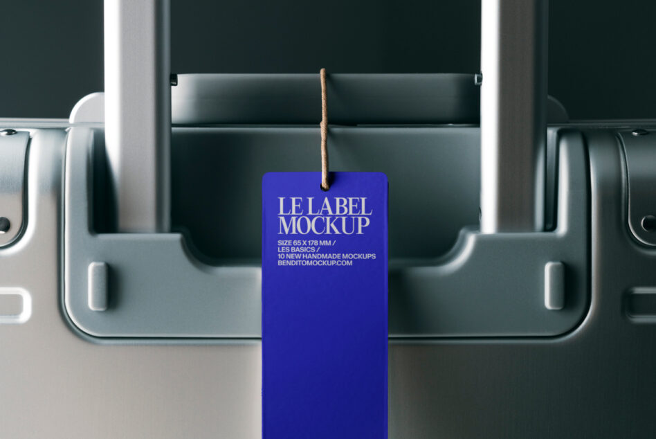 Blue hang tag label mockup displayed against minimalist background