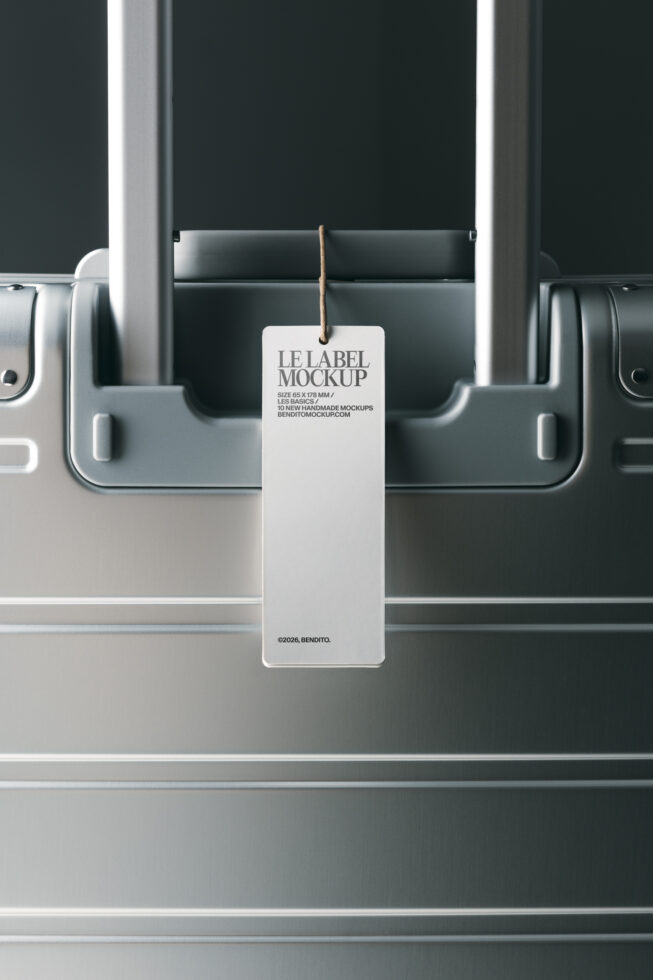 White hang tag label mockup hanging from rope in studio setting