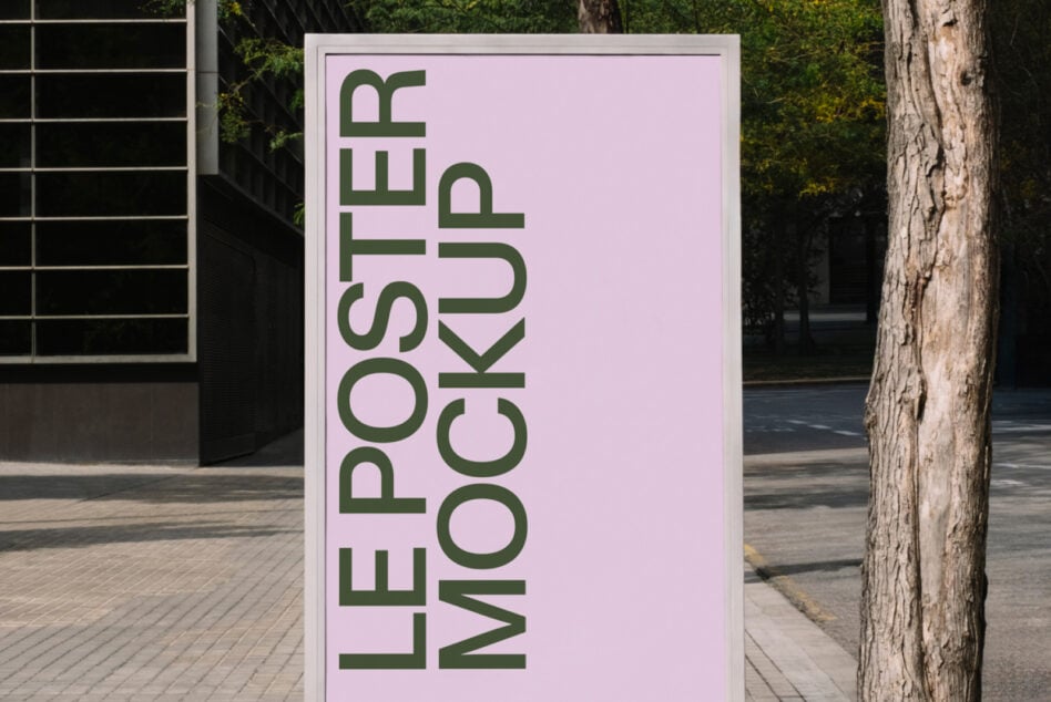 Pink poster mockup in street setting with architectural backdrop
