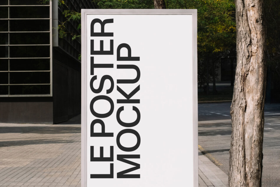 White poster mockup positioned in concrete courtyard environment