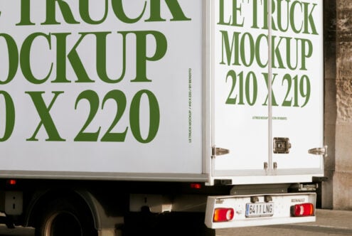 Close up of green text on white truck side panel showing 210x219 mockup dimensions