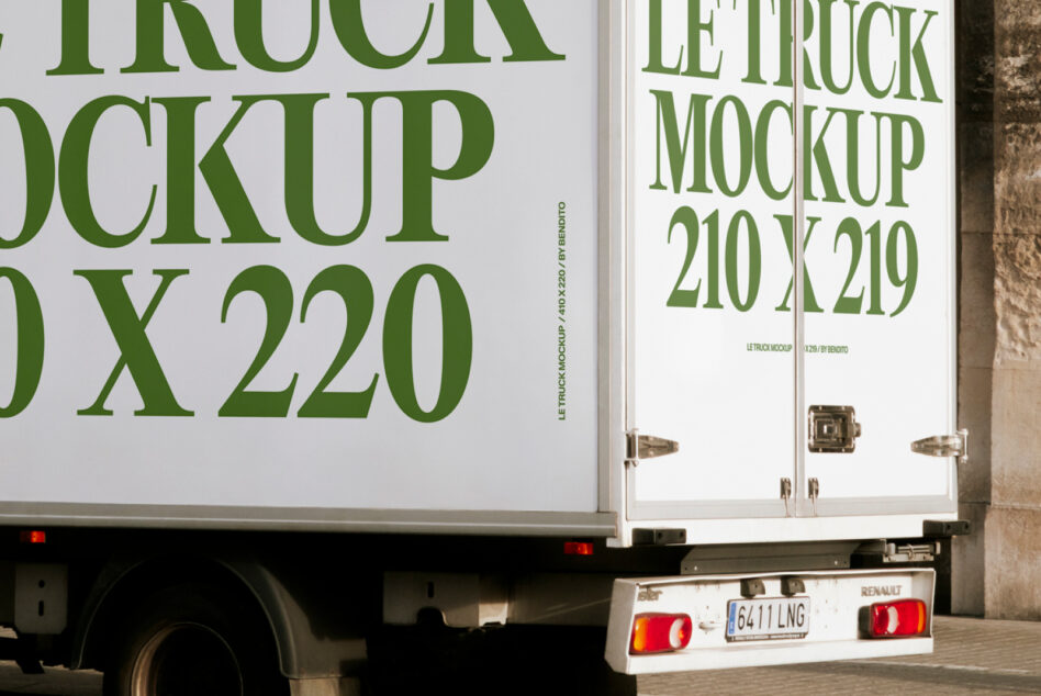 Close up of green text on white truck side panel showing 210x219 mockup dimensions