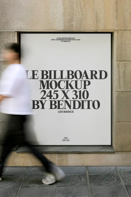 Vertical billboard mockup mounted on building facade with motion blur figure