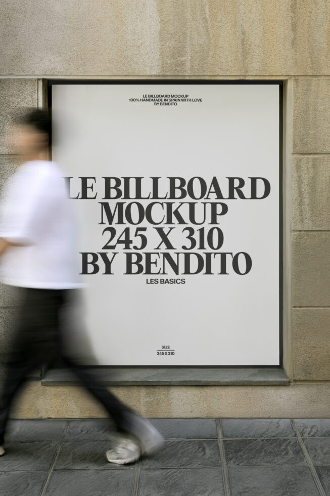 Vertical billboard mockup mounted on building facade with motion blur figure