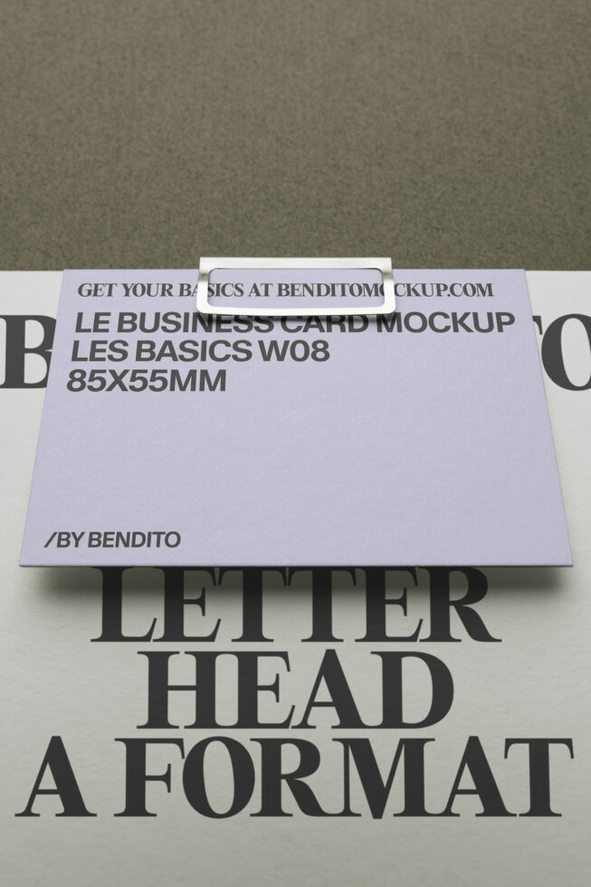 Lavender business card mockup with letterhead layout below typography