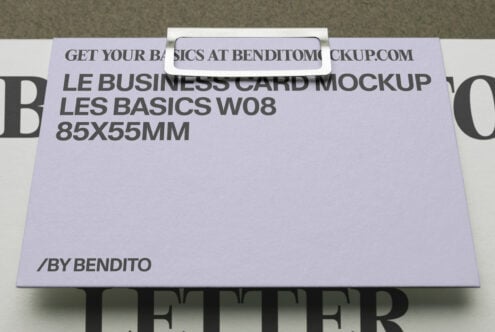 Lavender business card mockup with white holder on letterhead layout