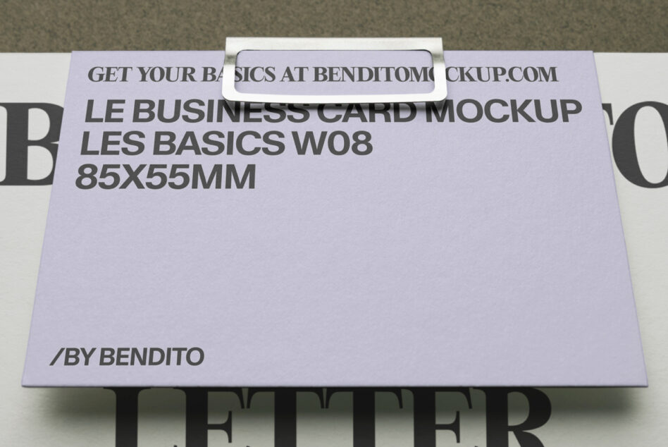 Lavender business card mockup with white holder on letterhead layout