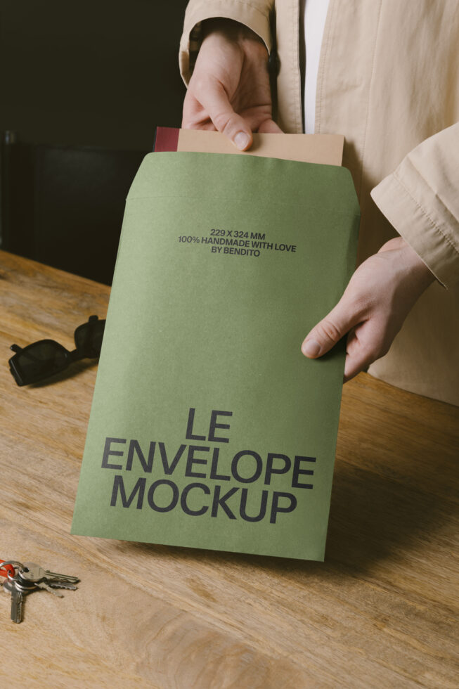 Hand holding green envelope mockup with handmade text on wooden table