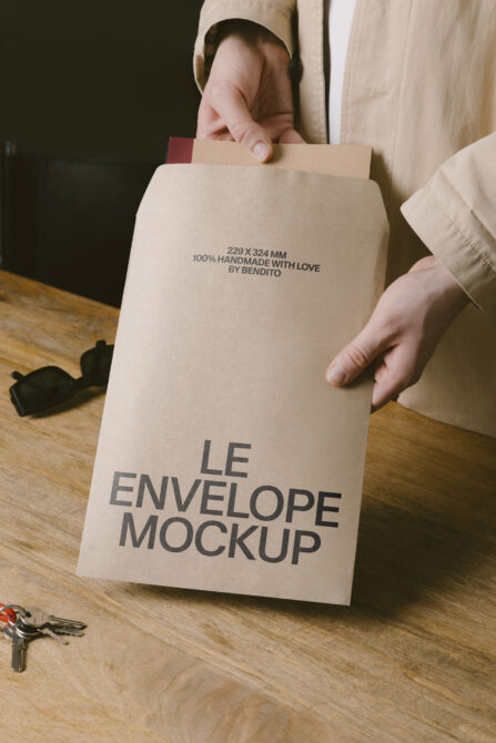 Hand holding cream envelope mockup with handmade text on wooden table