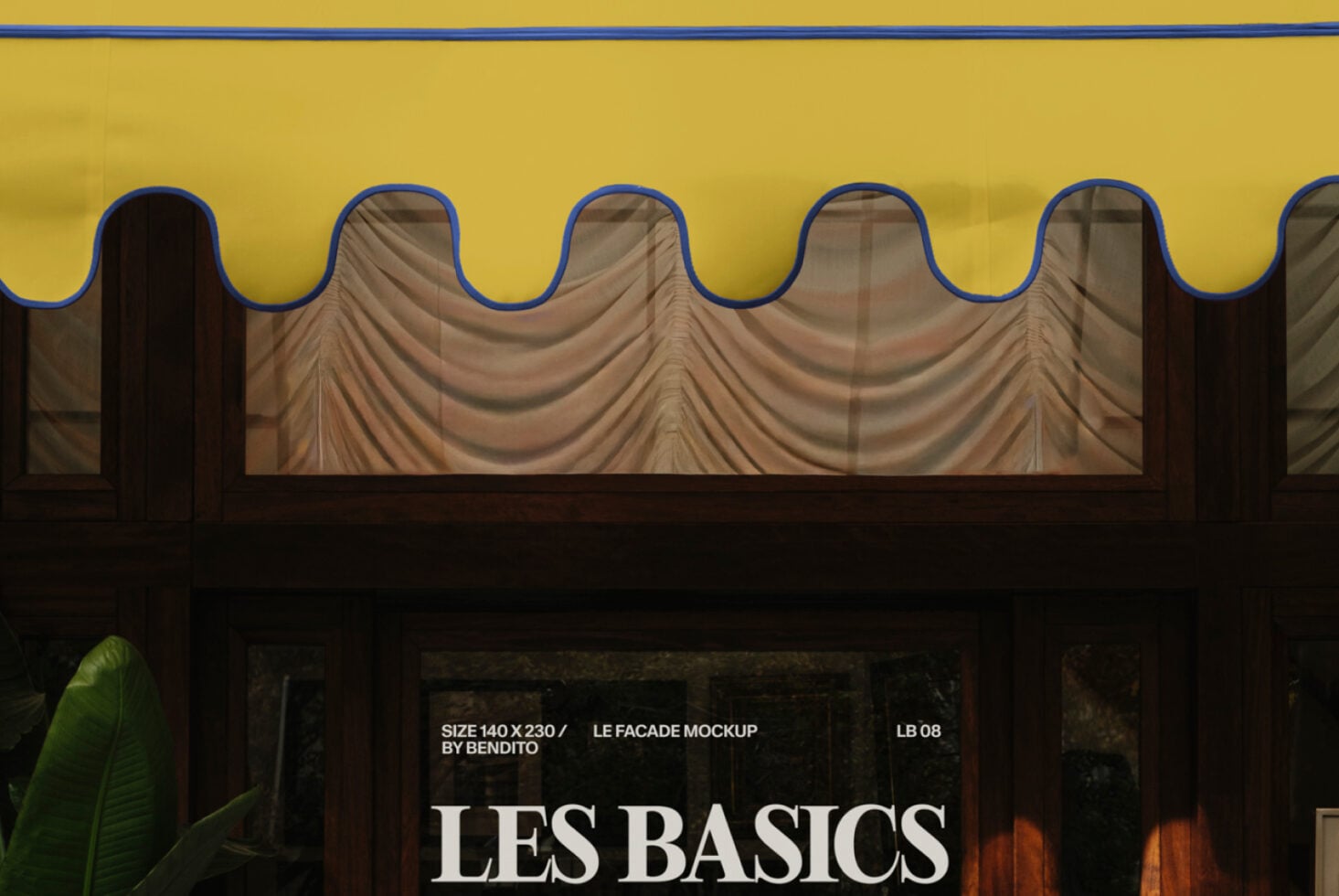 Yellow storefront awning with blue trim showcasing Les Basics shop window display