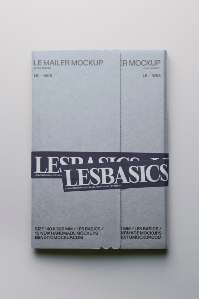 Light blue mailer mockup wrapped with Les Basics black tape band