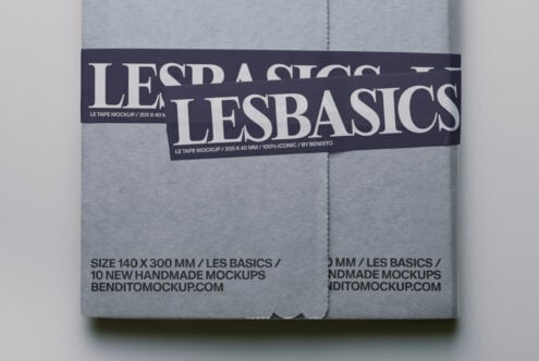 Gray mailer mockup tied with dark Les Basics tape featuring serif lettering