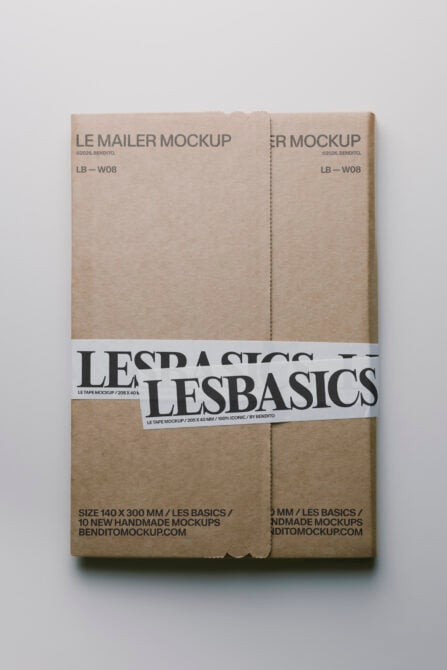 Natural kraft mailer mockup secured with Les Basics white tape band