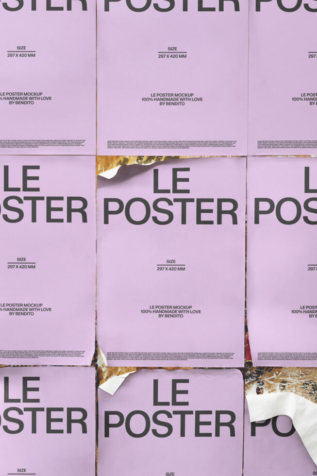 Grid of pink poster mockups with gold foil detail showing crumpled edges