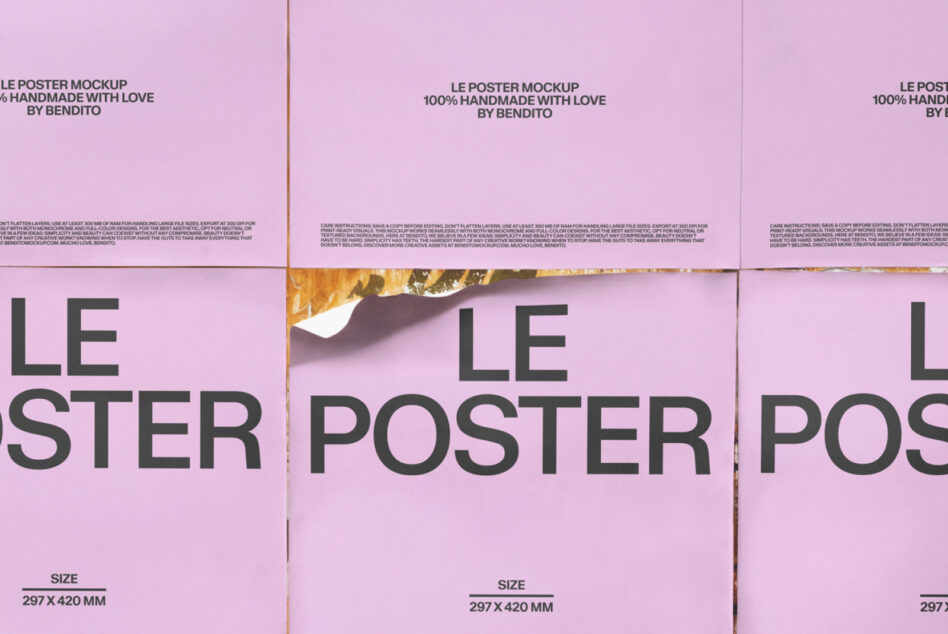Overhead view of pink poster mockups with gold foil tear showing texture