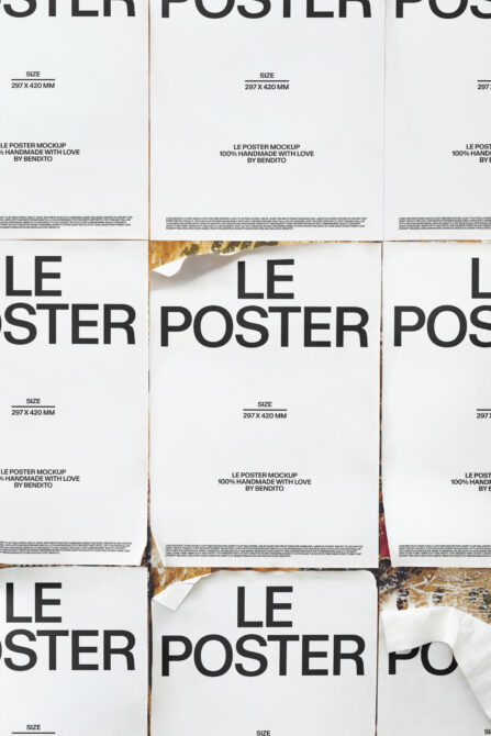 Grid of white poster mockups with gold foil detail showing crumpled edges