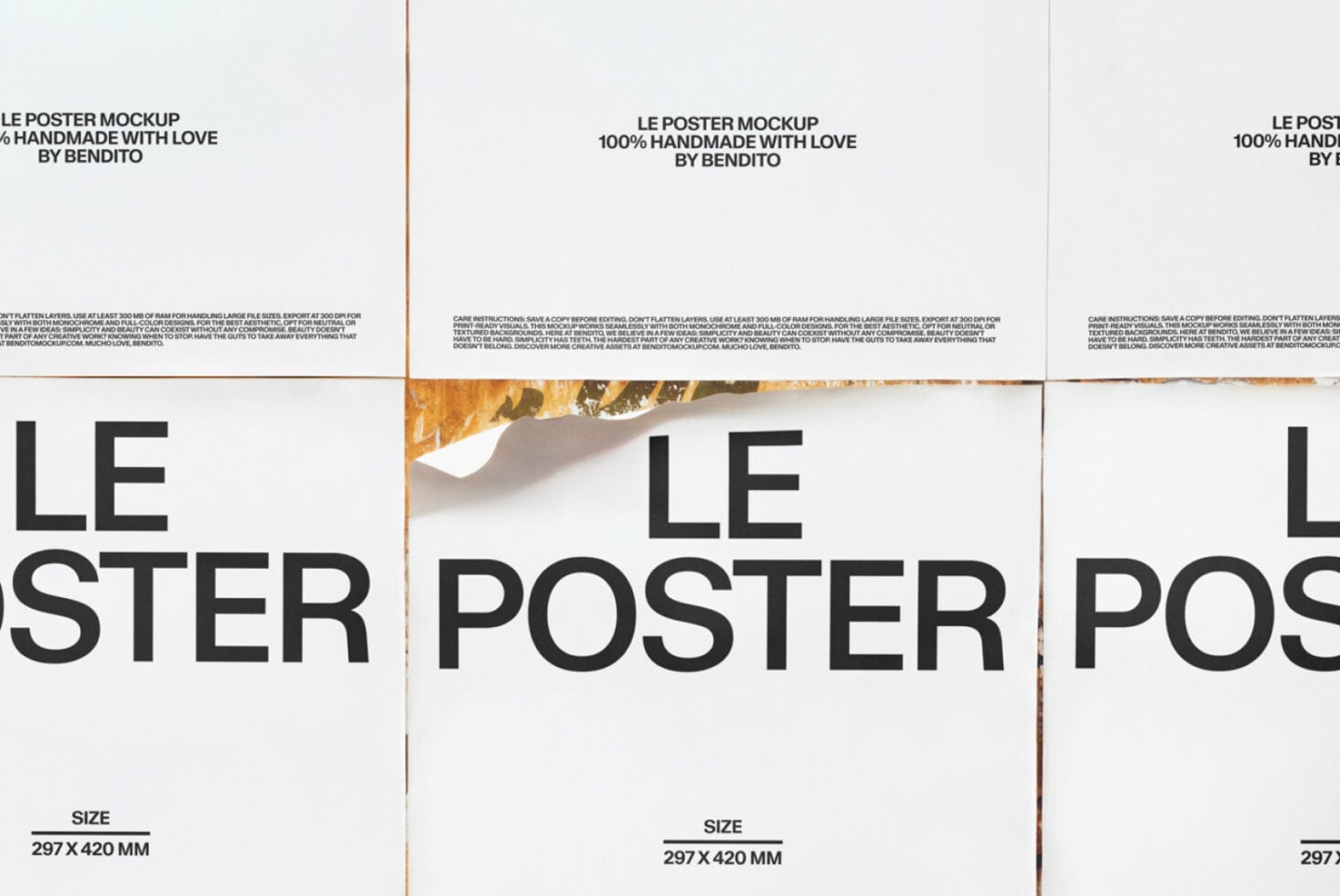Multiple poster mockups fanned out showing large bold typography on white paper