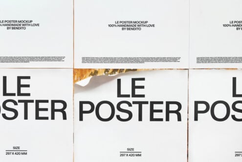 Multiple poster mockups fanned out showing large bold typography on white paper