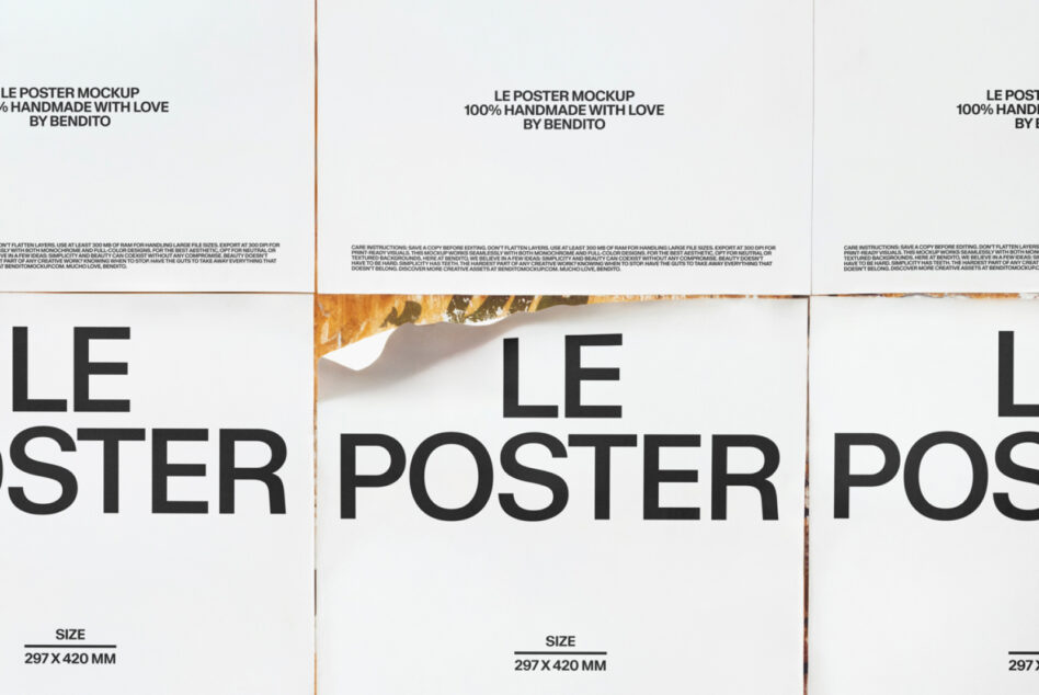 Multiple poster mockups fanned out showing large bold typography on white paper