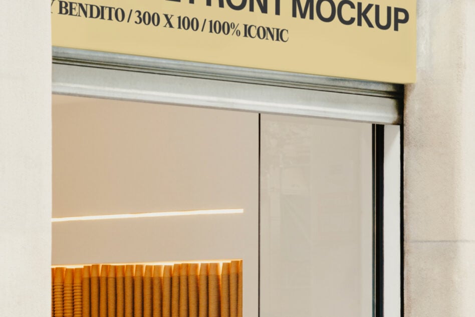 Close up of storefront window display with gold ribbed panels