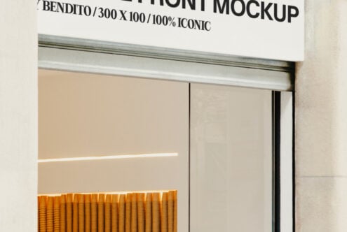 Close up of storefront window display with gold ribbed panels