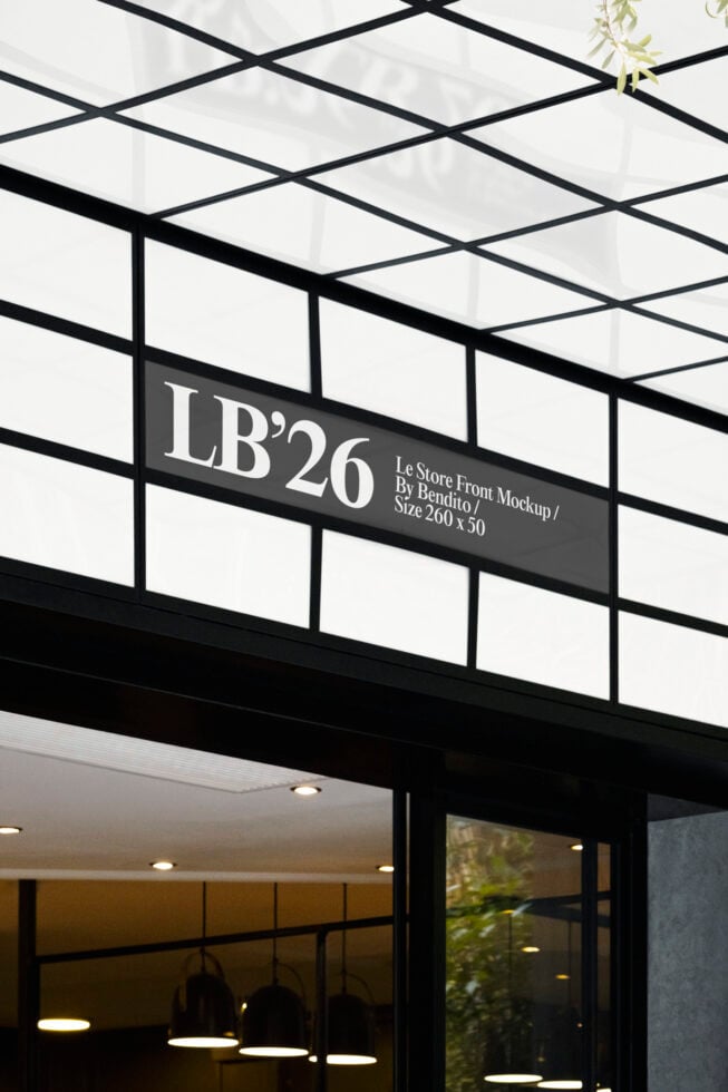 LB'26 storefront mockup with black signage on glass entrance with grid framing