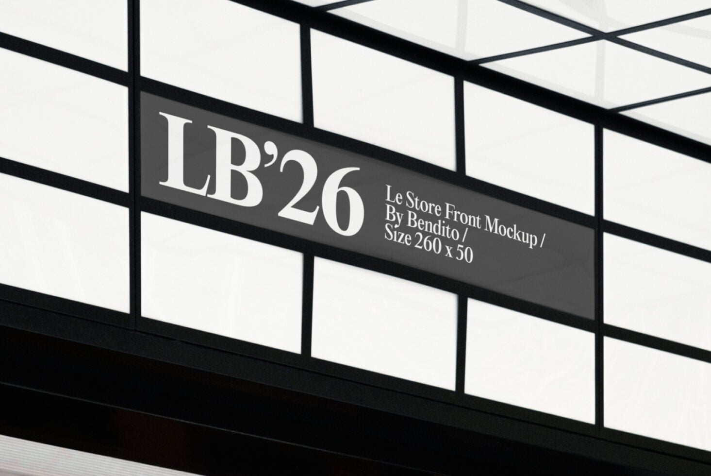 LB'26 storefront mockup with dark signage on glass facade with black steel frame