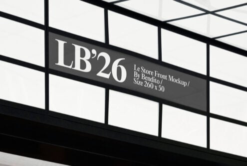 LB'26 storefront mockup with dark signage on glass facade with black steel frame