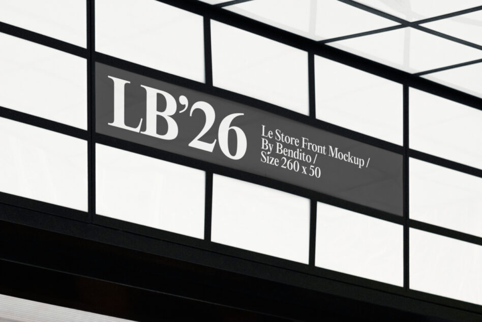 LB'26 storefront mockup with dark signage on glass facade with black steel frame