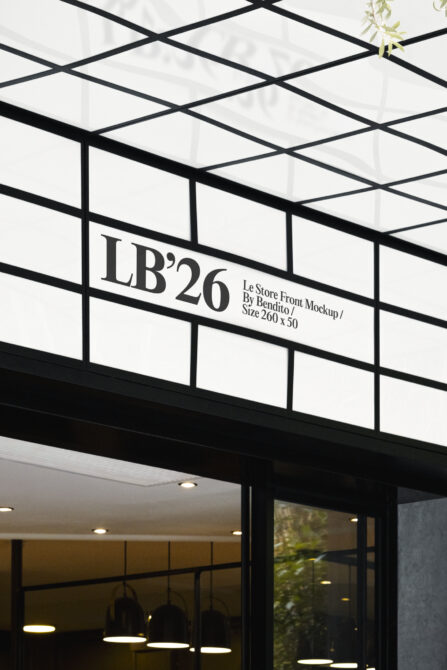 LB'26 storefront mockup with black signage on glass entrance with grid framing